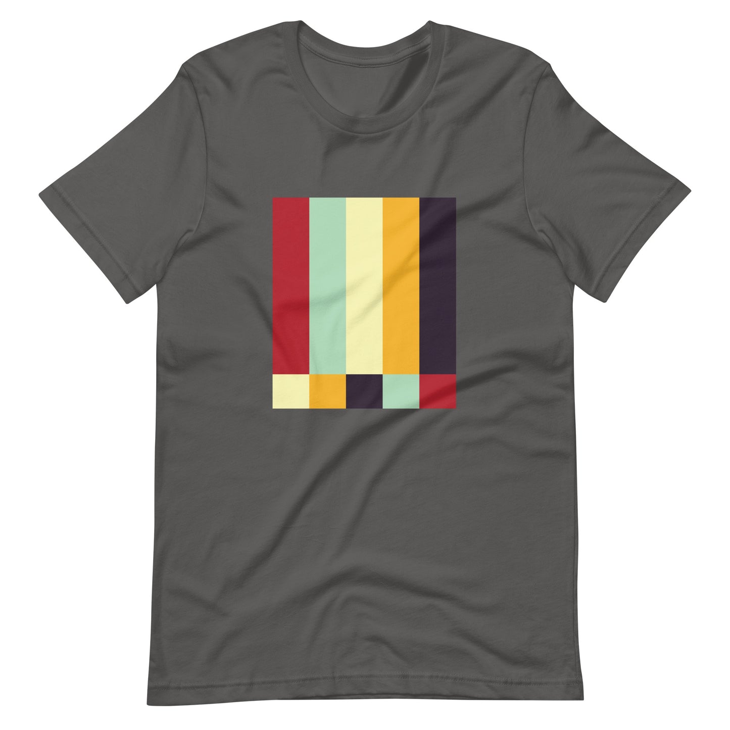 A asphalt colored crew neck t-shirt featuring a bold geometric color-block pattern in solid colors.