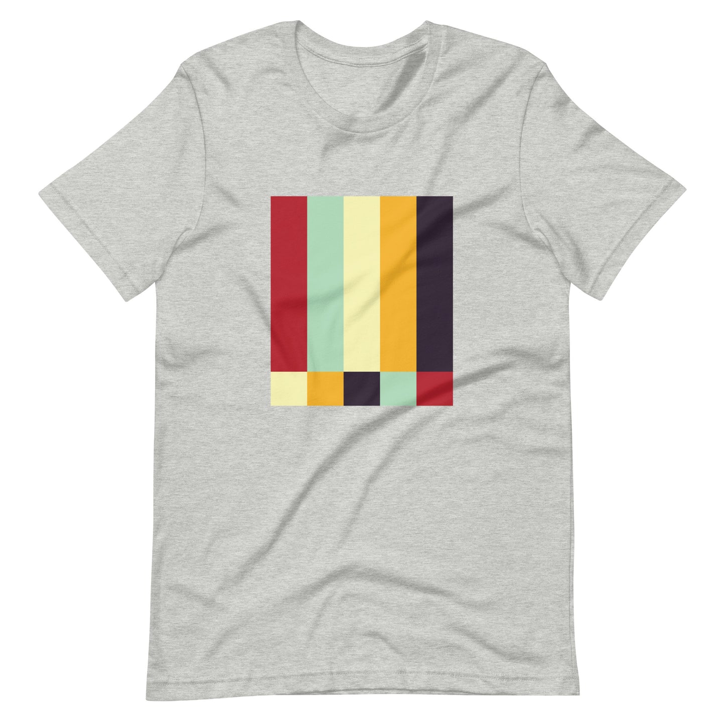 A grey crew neck t-shirt featuring a bold geometric color-block pattern in solid colors.