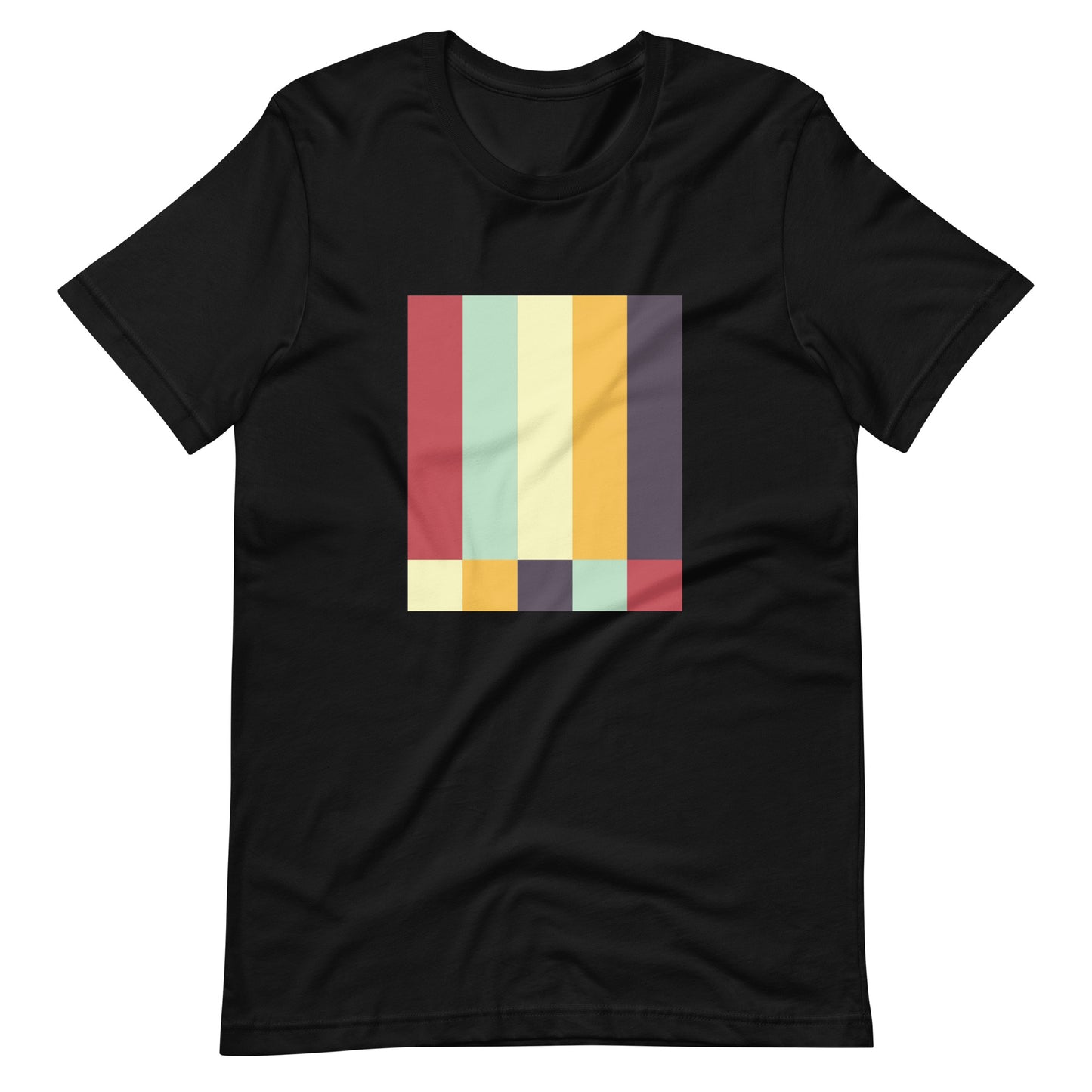 A black crew neck t-shirt featuring a bold geometric color-block pattern in solid colors.
