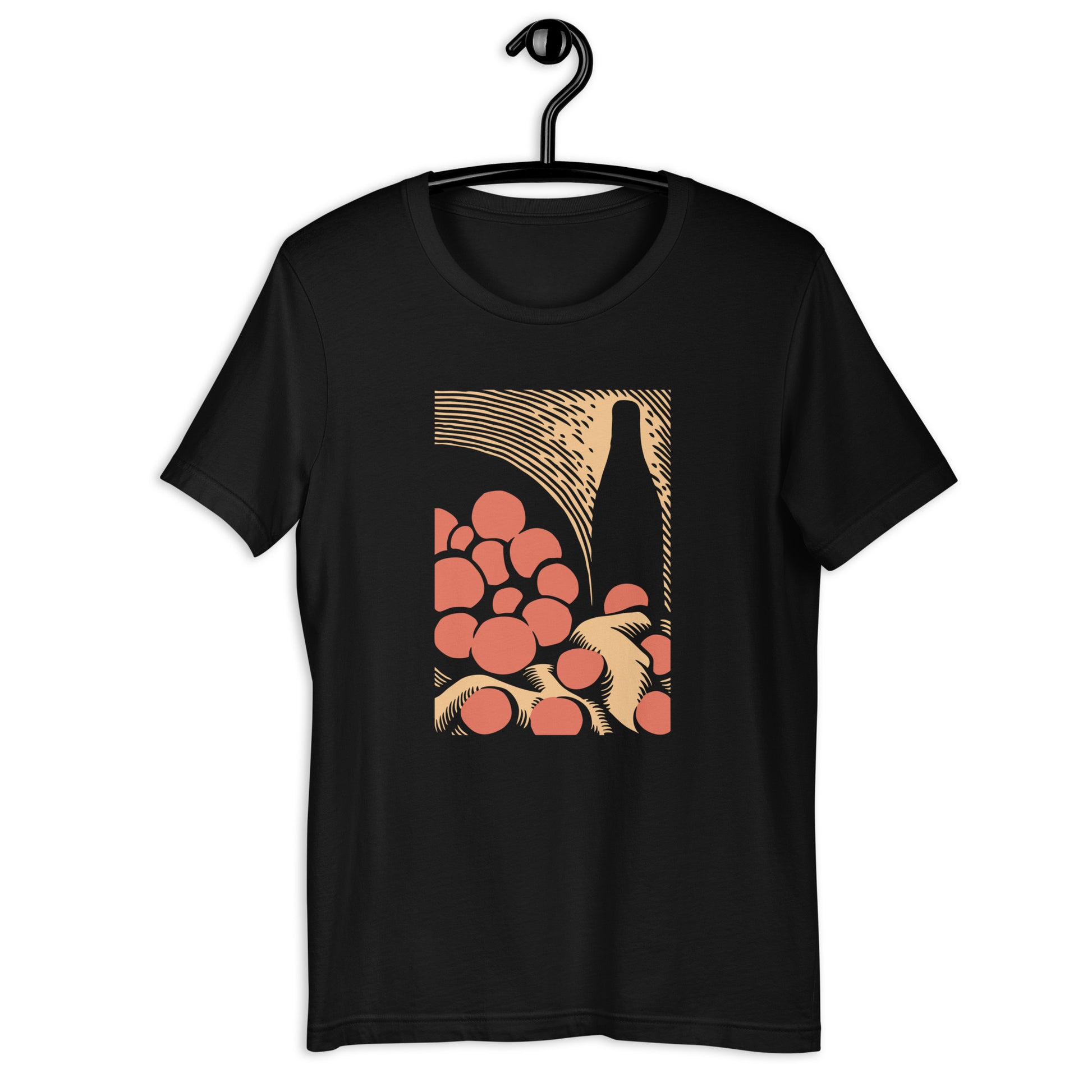 A black t-shirt with a graphic print of an artistic representation, inspired by Paul Cezanne's artwork.