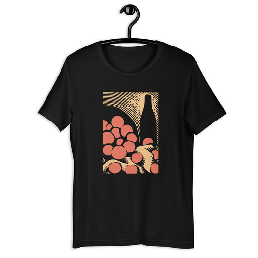 A black t-shirt with a graphic print of an artistic representation, inspired by Paul Cezanne's artwork.