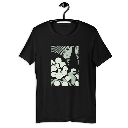 A black crew-neck t-shirt with a graphic print in the center inspired by Paul Cezanne.