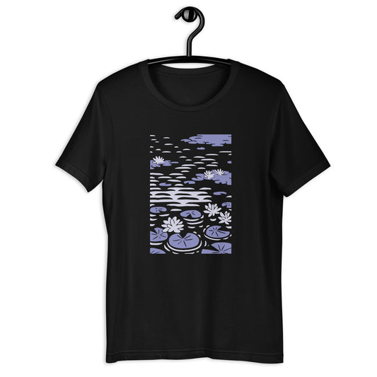 A black t-shirt with a graphic print of water lilies inspired by Claude Monet's artwork.