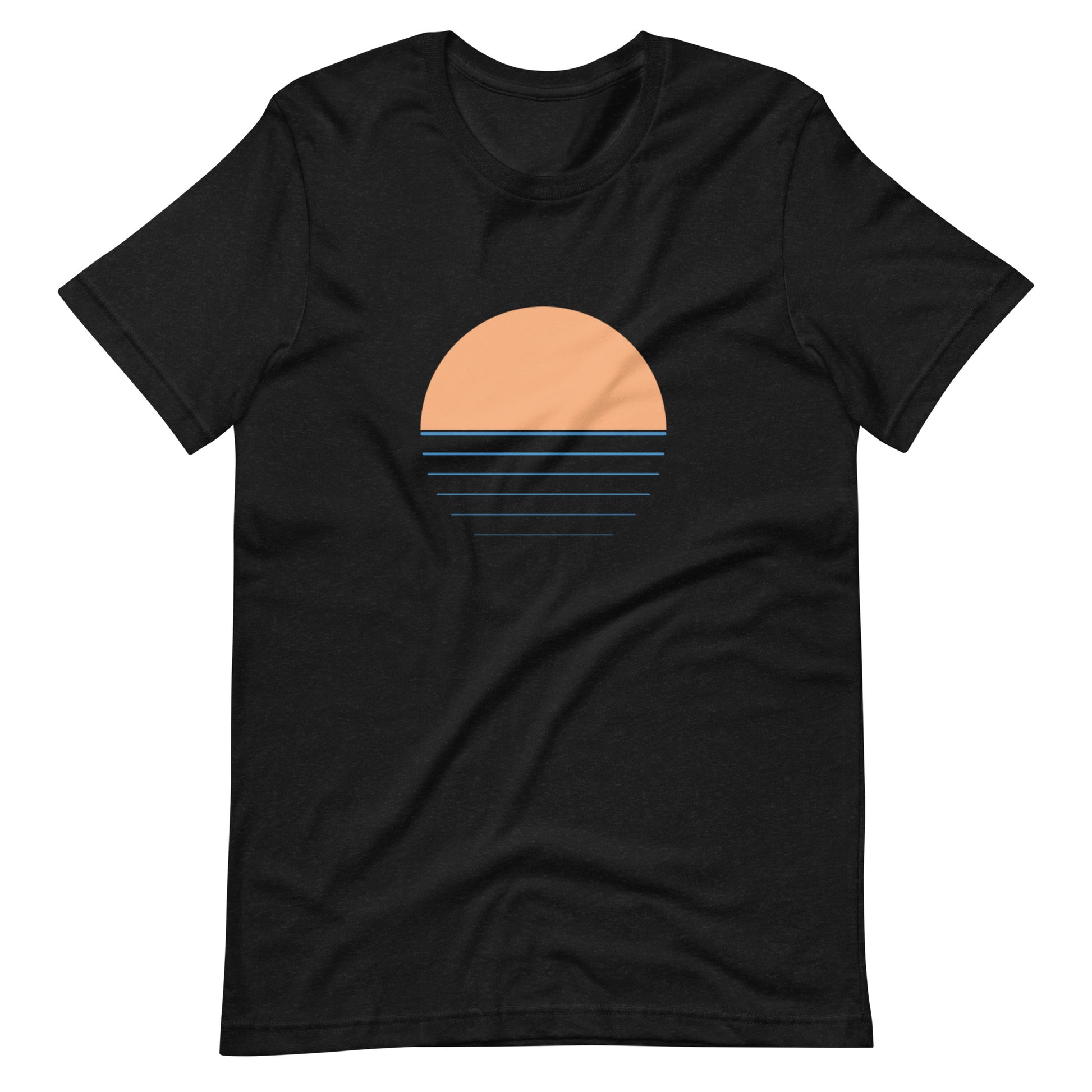 A black t-shirt with a graphic of a sunset and a wave pattern across the front.