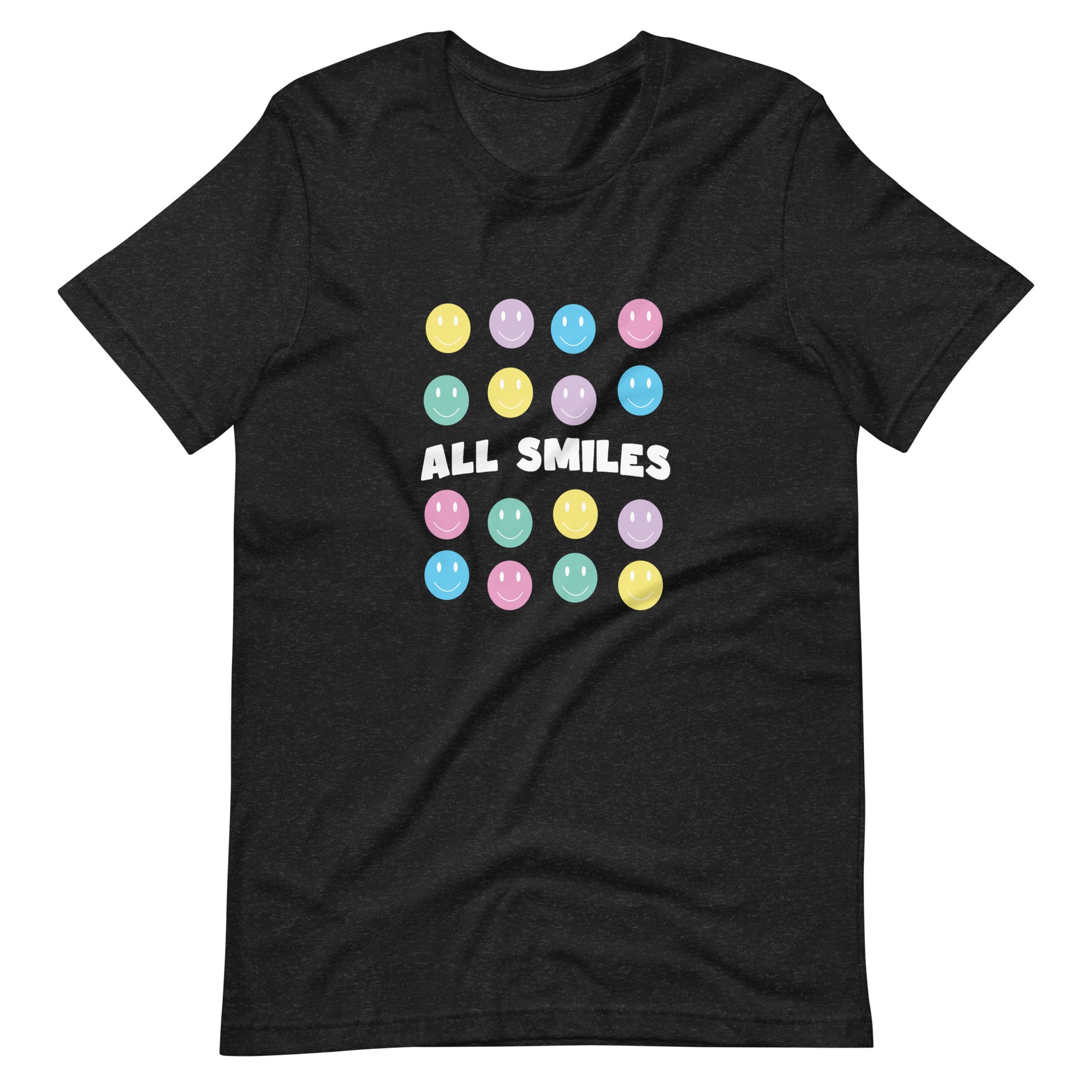 Black t-shirt with "ALL SMILES" text written on it along with smiley faces surrounding the text.
