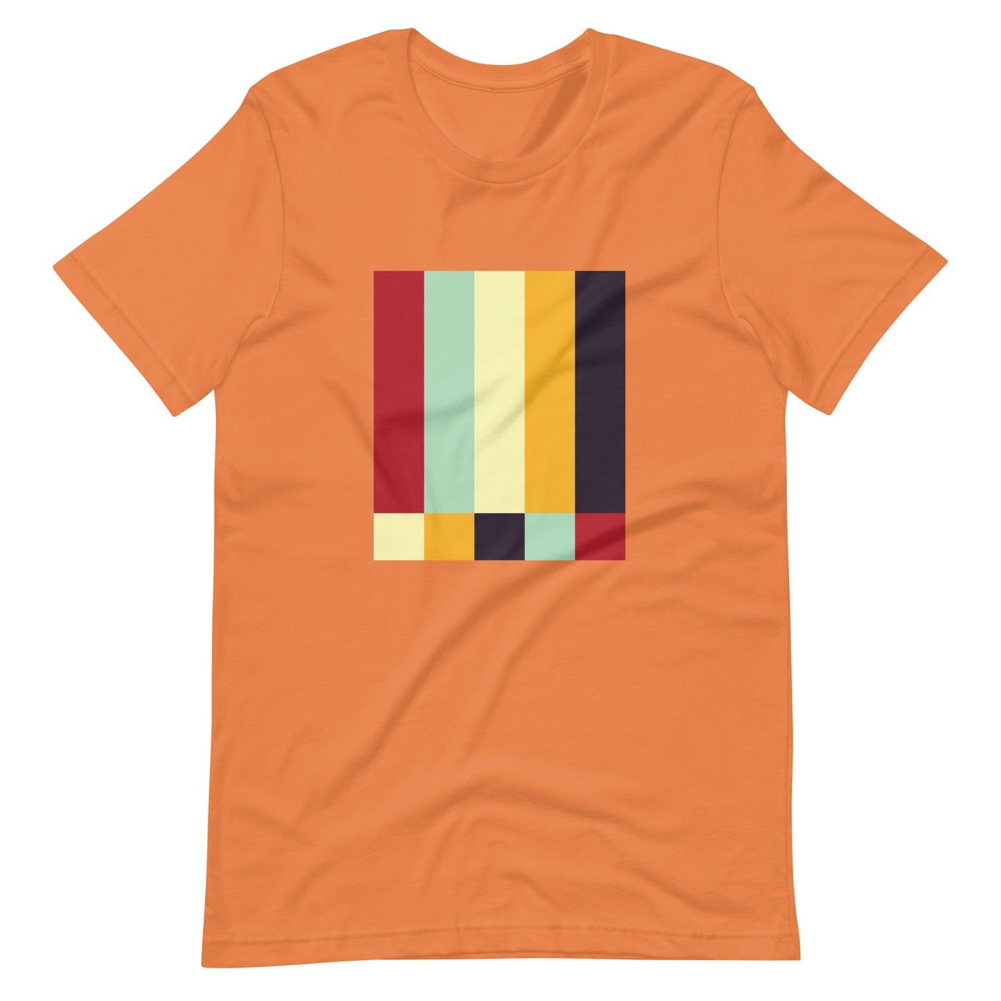 A burnt orange colored crew neck t-shirt featuring a bold geometric color-block pattern in solid colors.