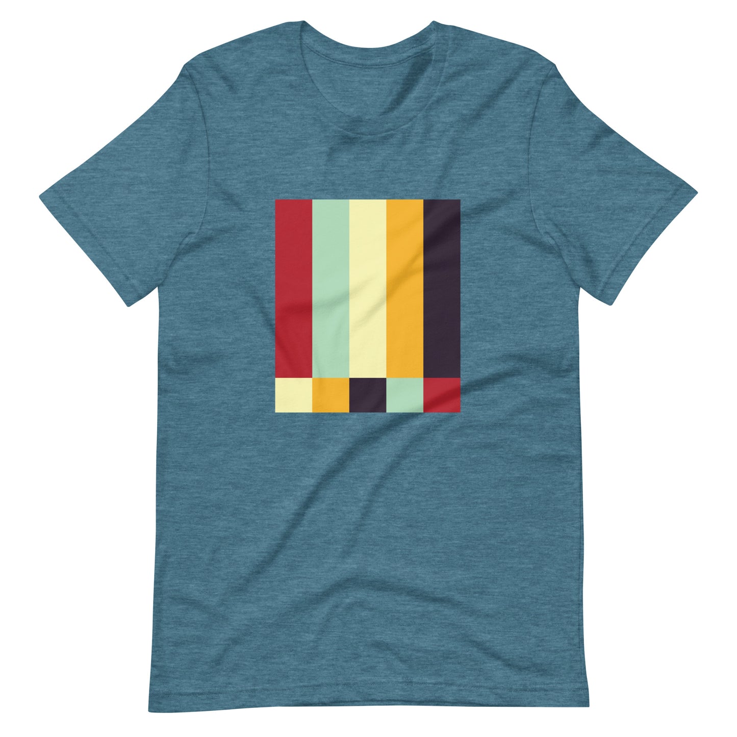 A deep teal colored crew neck t-shirt featuring a bold geometric color-block pattern in solid colors.