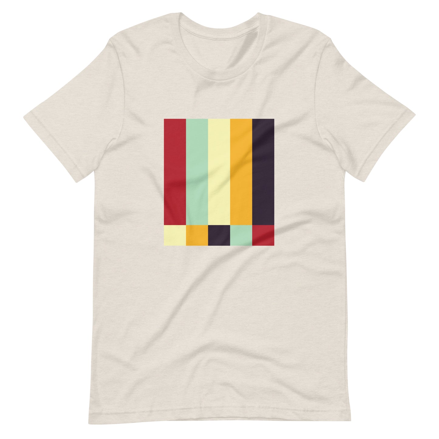 A white crew neck t-shirt featuring a bold geometric color-block pattern in solid colors.
