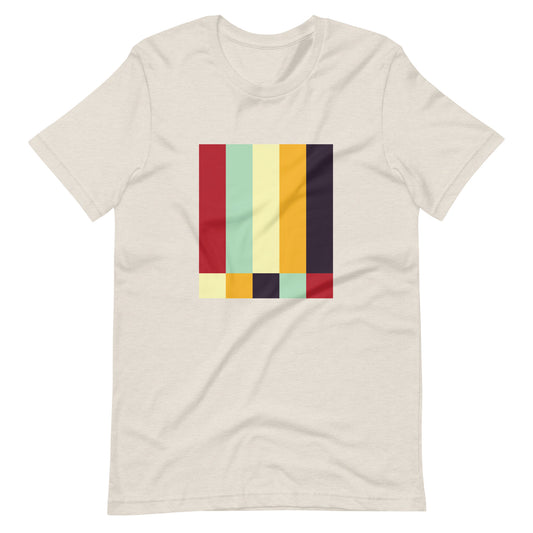 A white crew neck t-shirt featuring a bold geometric color-block pattern in solid colors.