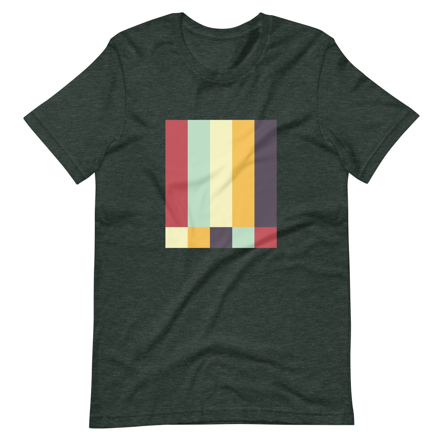 A forest green colored crew neck t-shirt featuring a bold geometric color-block pattern in solid colors.