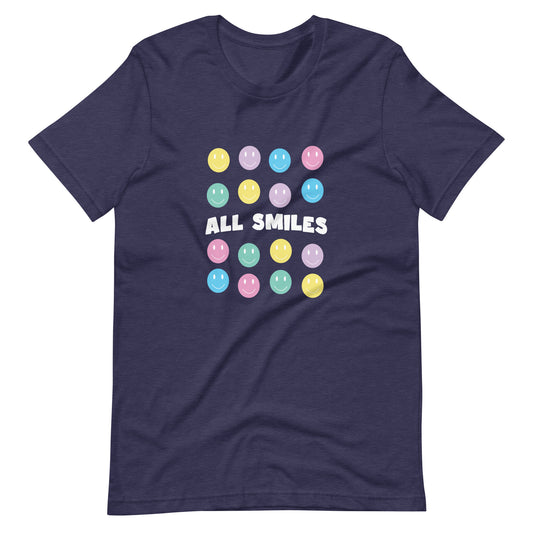 Navy t-shirt with "ALL SMILES" text written on it along with smiley faces surrounding the text.