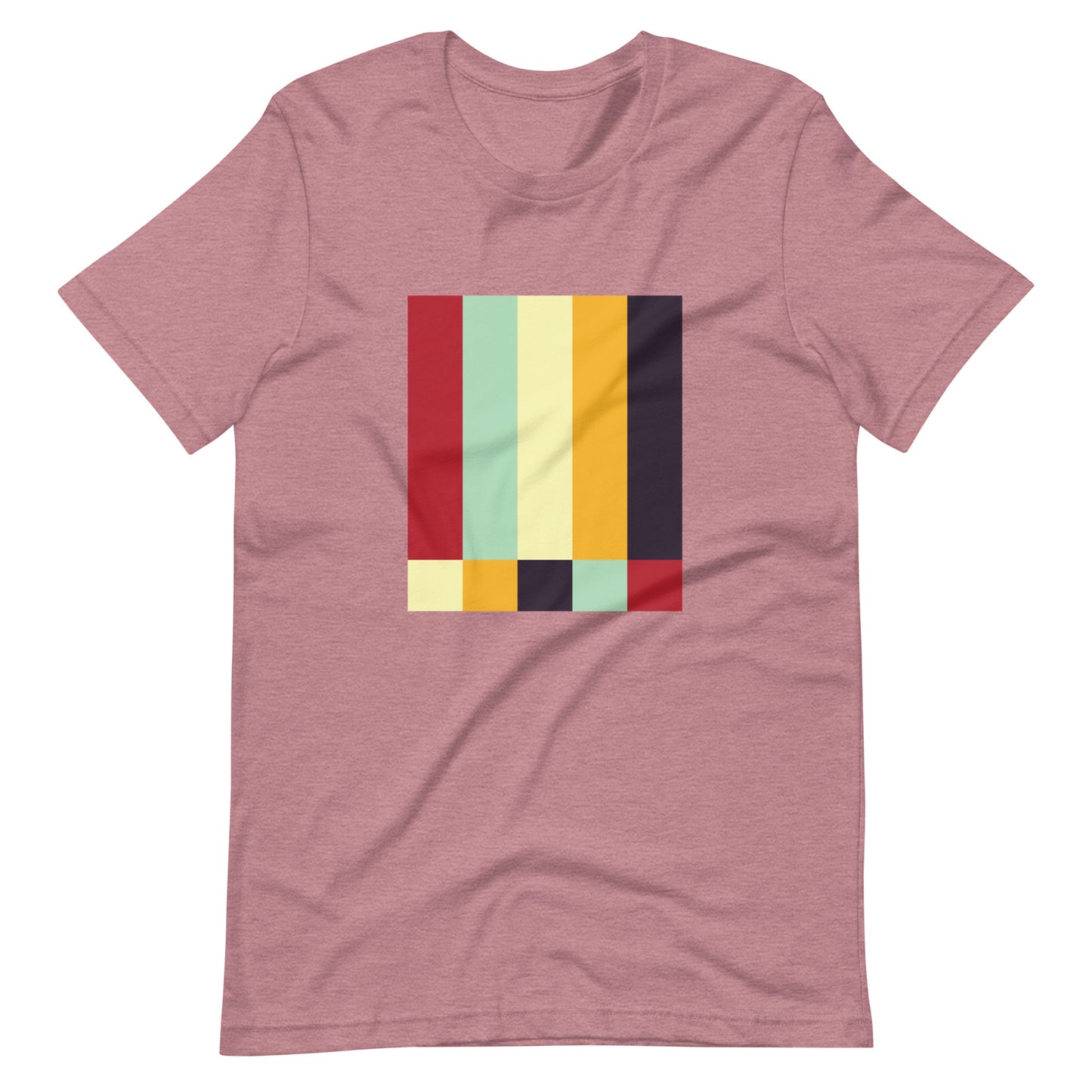 A heather orchid colored crew neck t-shirt featuring a bold geometric color-block pattern in solid colors.