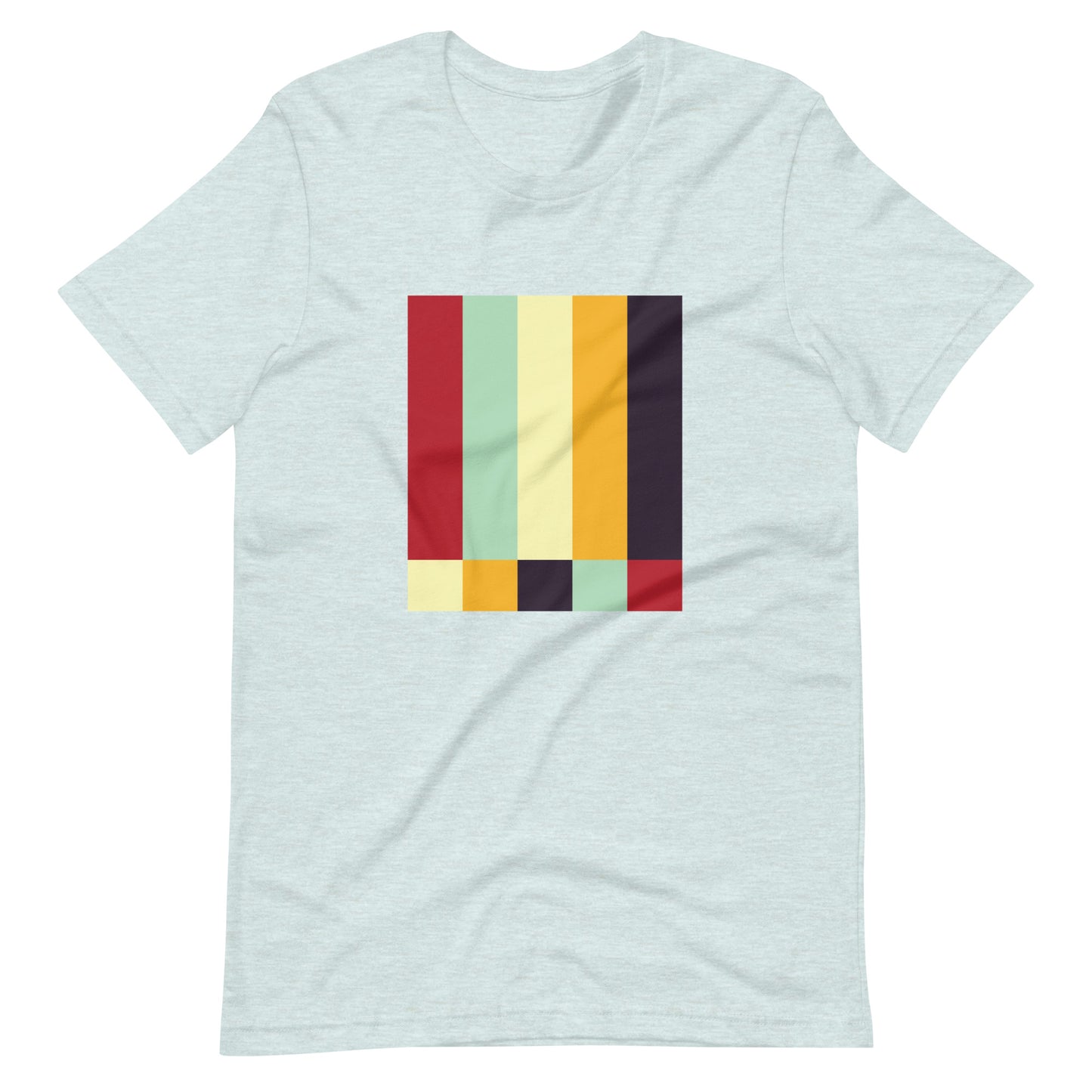 A heather prism ice blue-colored crew neck t-shirt featuring a bold geometric color-block pattern in solid colors.