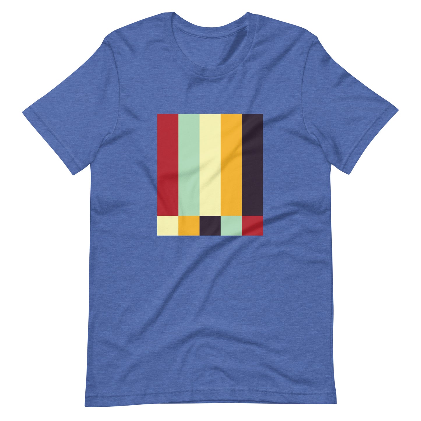 A heather royal blue colored crew neck t-shirt featuring a bold geometric color-block pattern in solid colors.