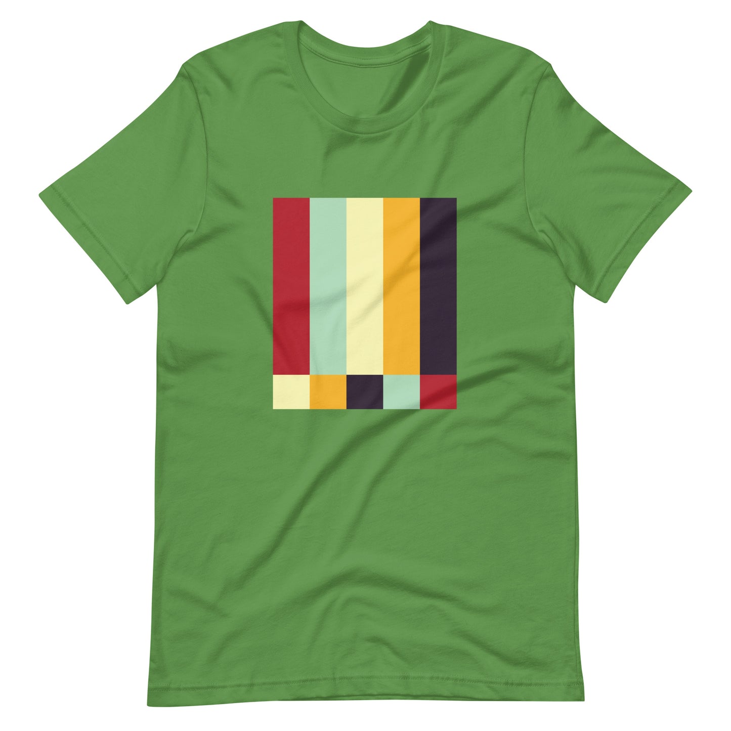 A leaf green colored crew neck t-shirt featuring a bold geometric color-block pattern in solid colors.
