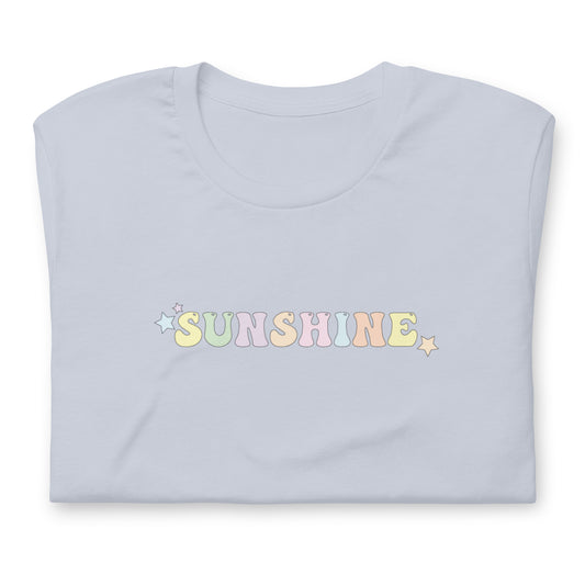 A light blue t-shirt with the word "Sunshine" and colorful stars on the front.