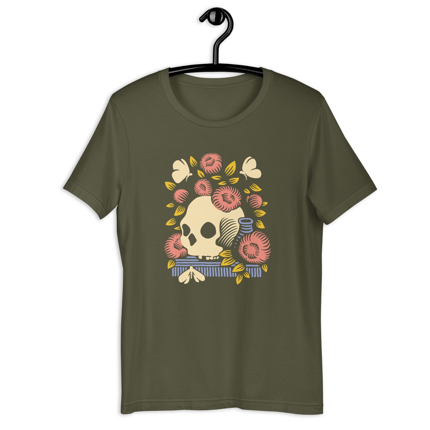A military green crew neck t-shirt with a graphic print of a skull surrounded by flowers, inspired by a Vanitas still life painting.