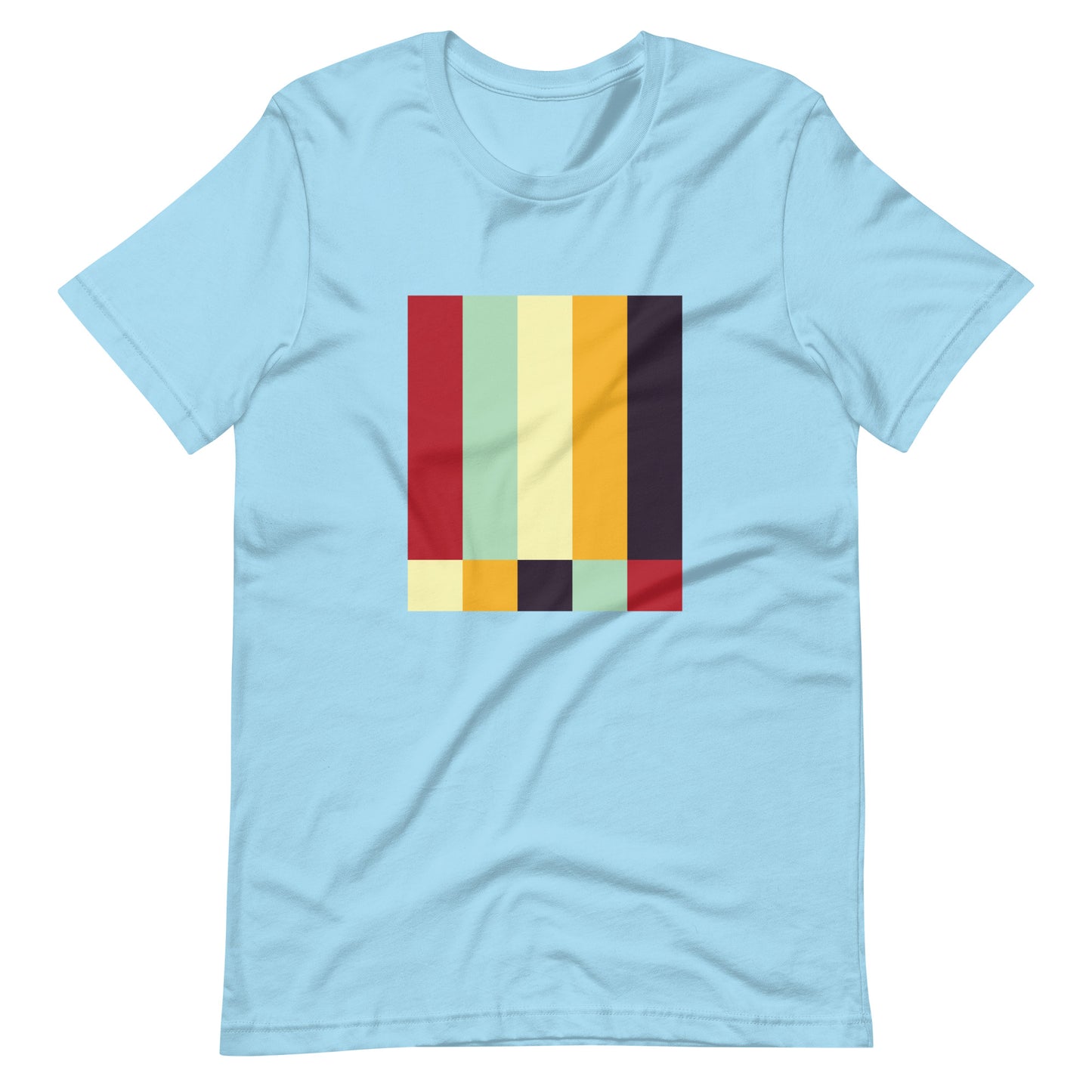 A ocean blue colored crew neck t-shirt featuring a bold geometric color-block pattern in solid colors.