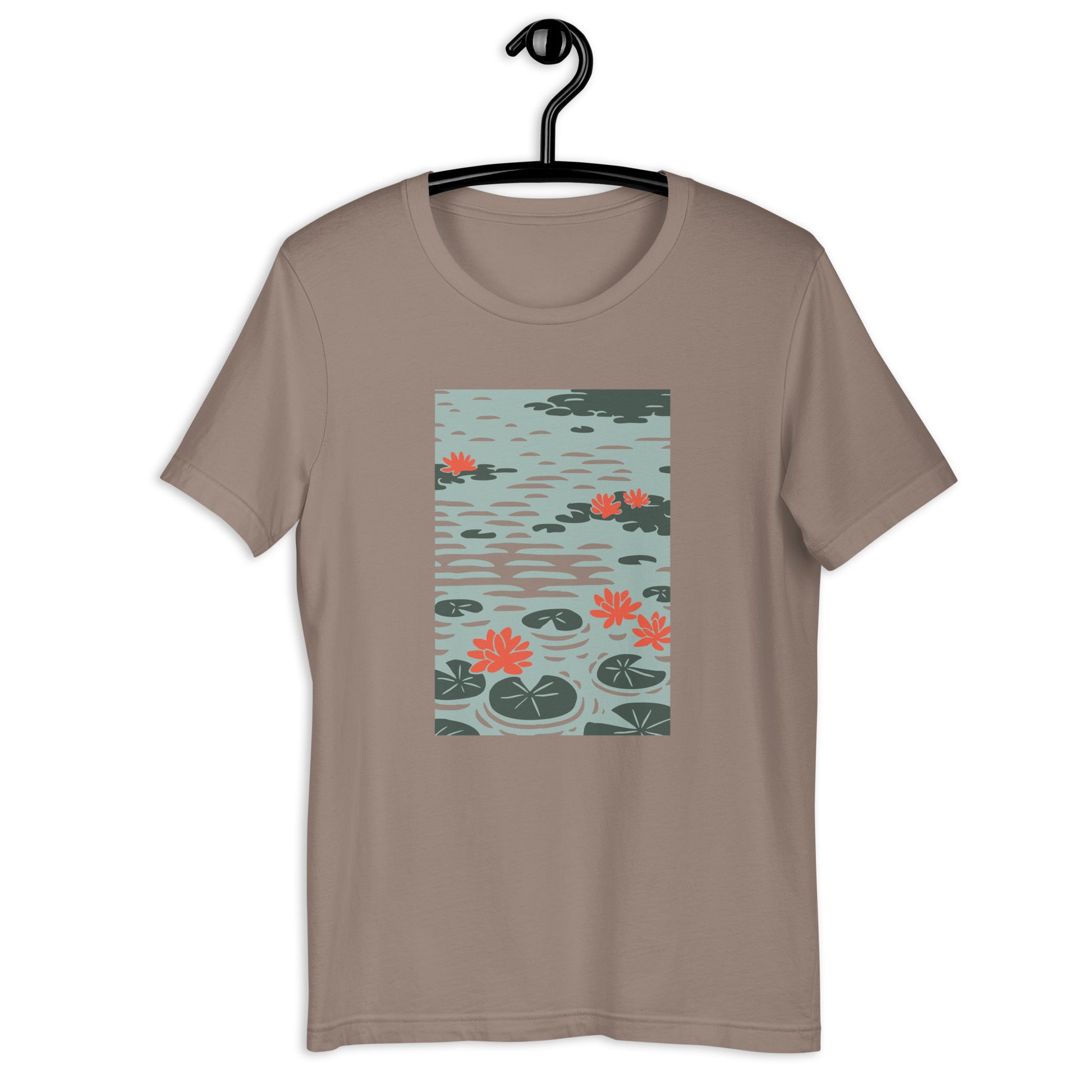 A pebble-colored t-shirt with a graphic print of water lilies inspired by Claude Monet's artwork.