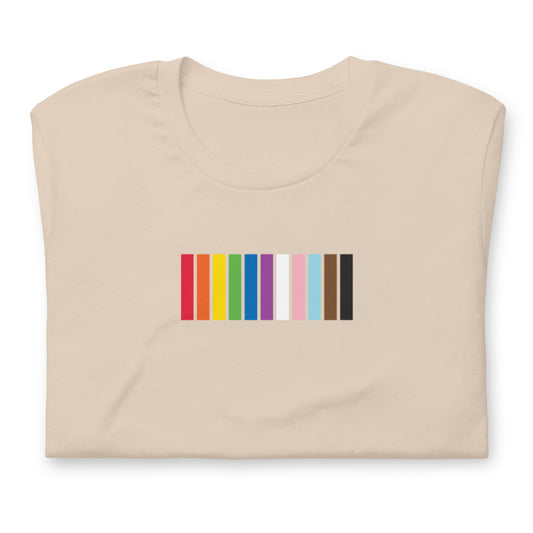 A beige t-shirt with a colorful striped design on the front representing the LGBTQ+ community.