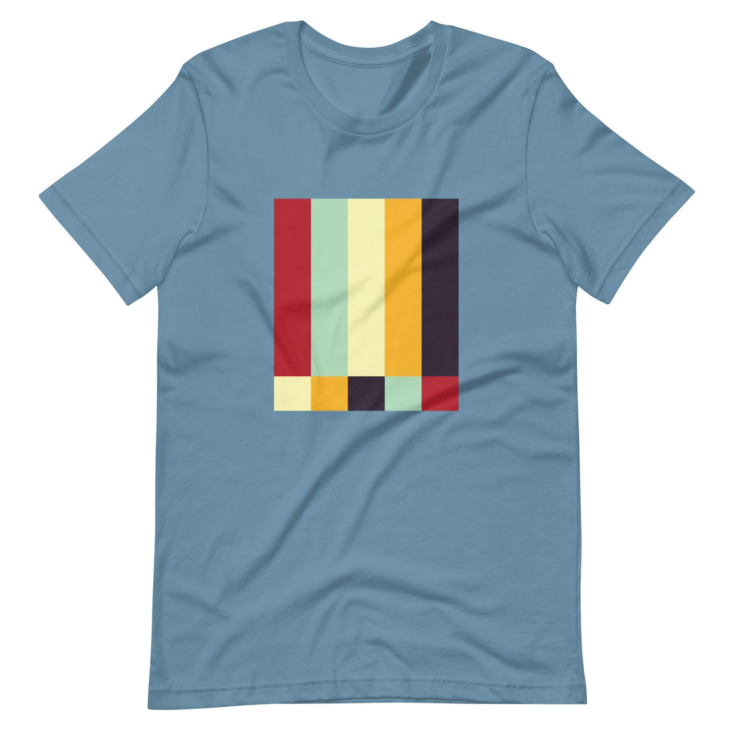 A steel blue colored crew neck t-shirt featuring a bold geometric color-block pattern in solid colors.