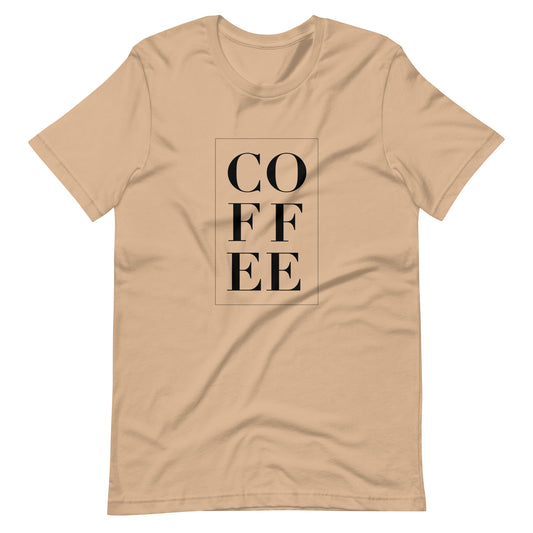 A tan shirt with the word "coffee" printed vertically down the front.