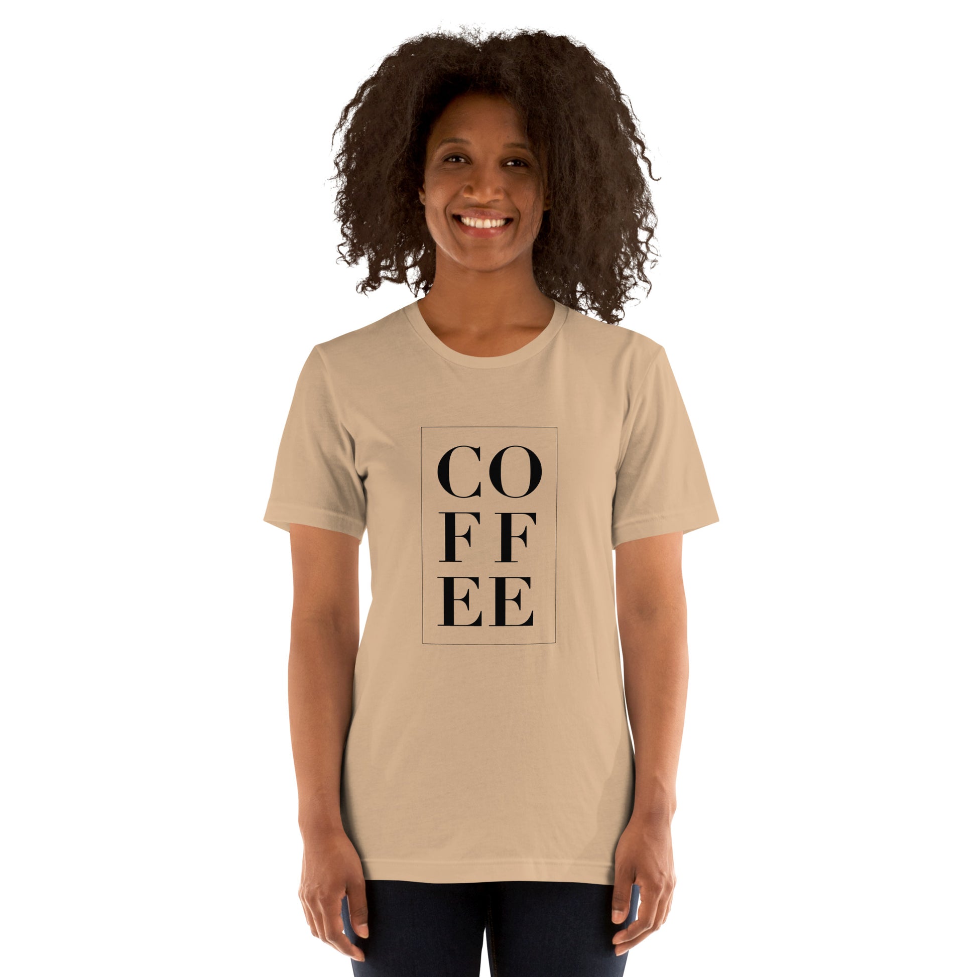 A tan shirt with the word "coffee" printed vertically down the front.