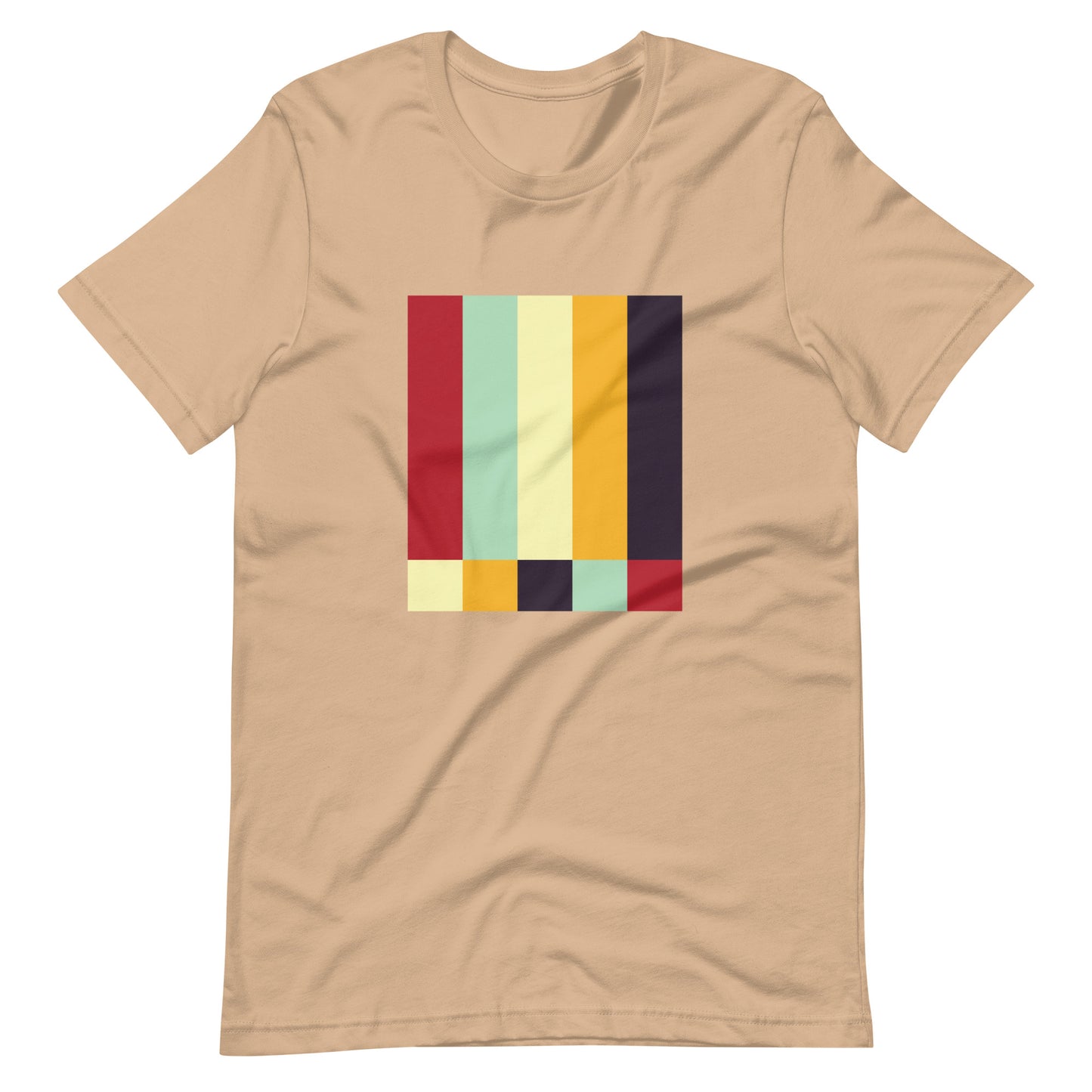 A tan crew neck t-shirt featuring a bold geometric color-block pattern in solid colors.