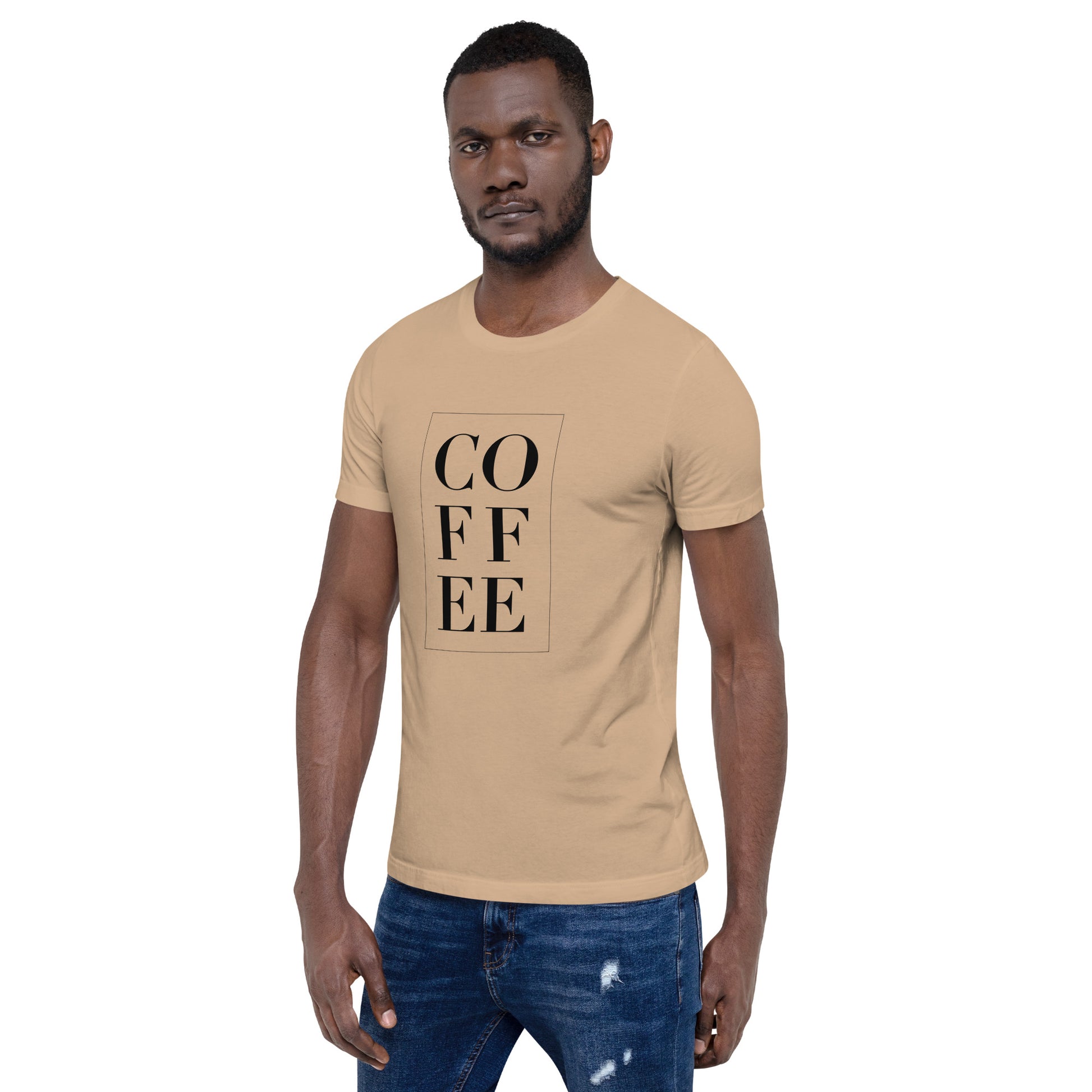 A tan shirt with the word "coffee" printed vertically down the front.