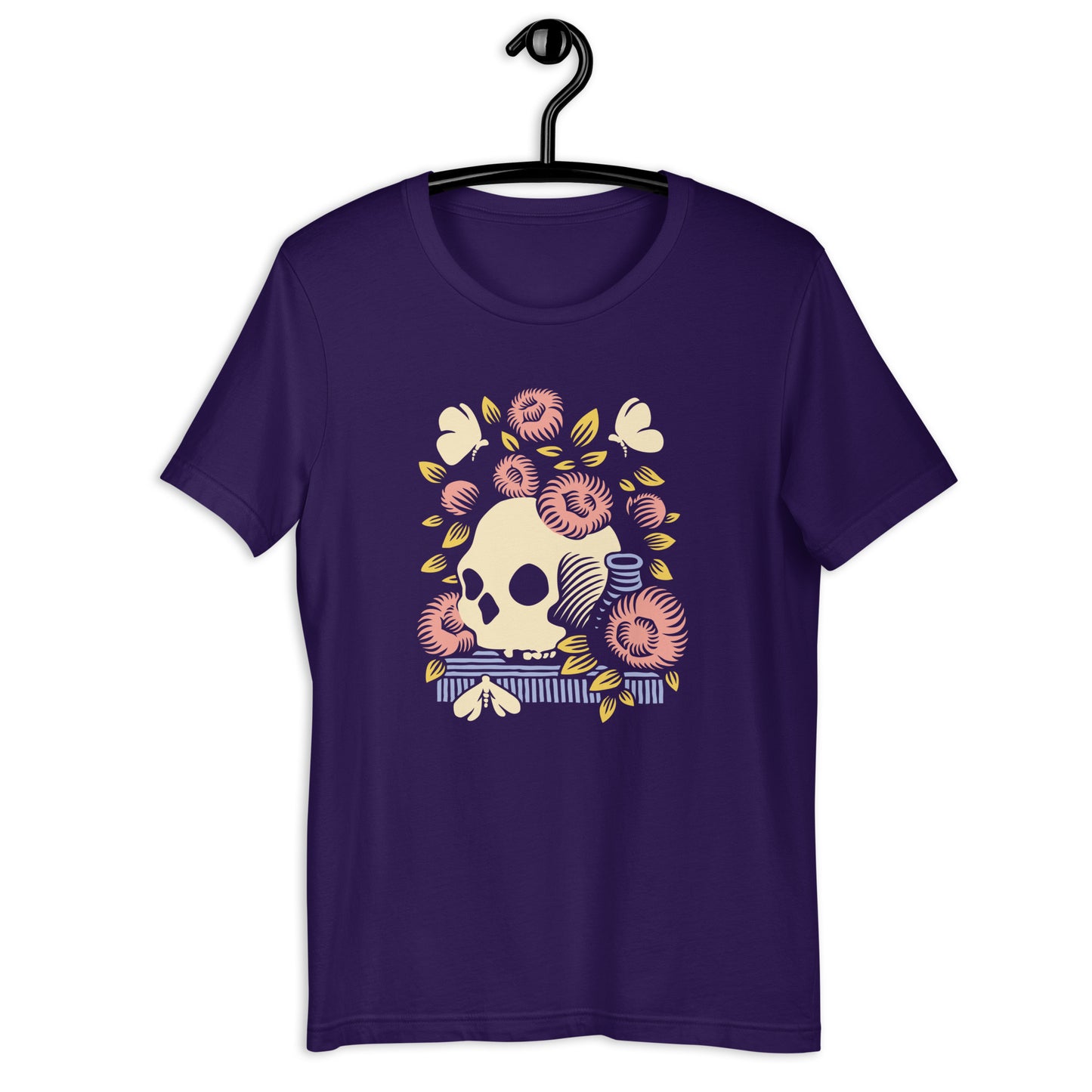 A purple crew neck t-shirt with a graphic print of a skull surrounded by flowers, inspired by a Vanitas still life painting.