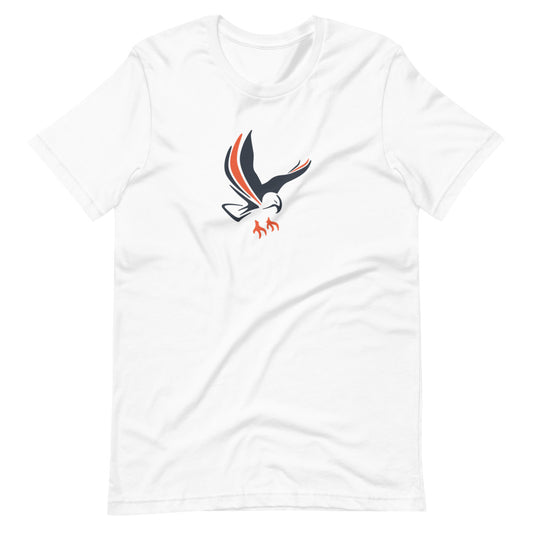 White t-shirt with an eagle on the front of it.