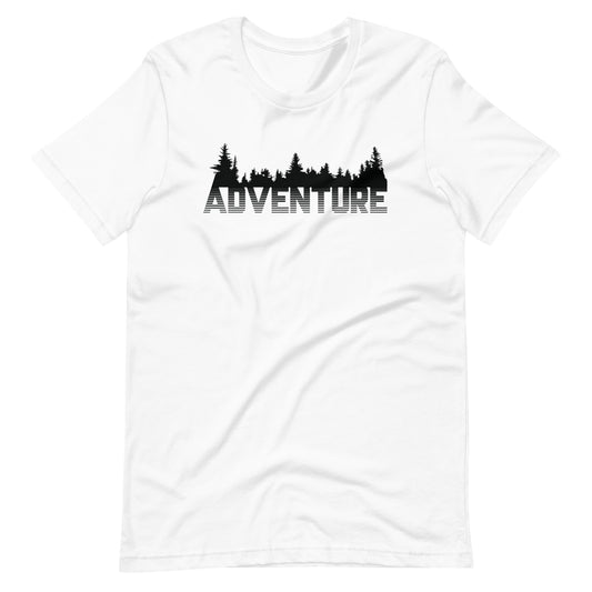 White crew neck t-shirt with "Adventure" text and a silhouette of trees in black.