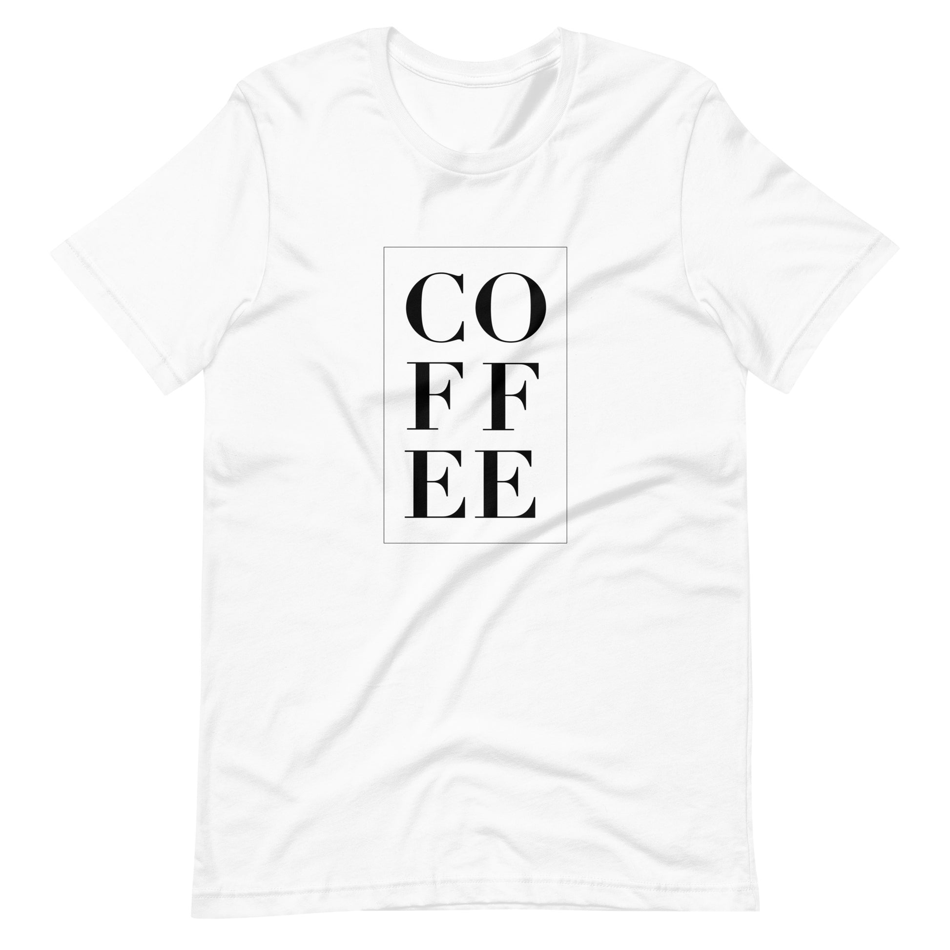A white t-shirt with the word "coffee" printed vertically down the front.