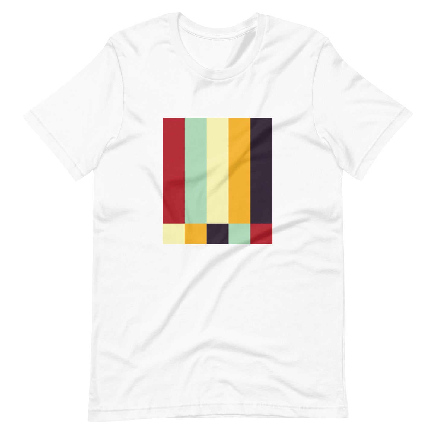 A white crew neck t-shirt featuring a bold geometric color-block pattern in solid colors.