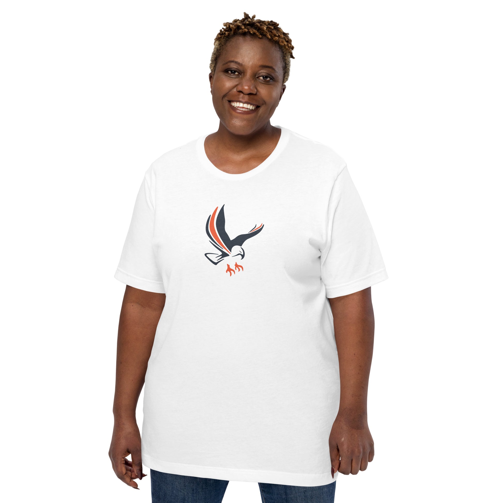 A woman wearing a white t-shirt with an eagle on the front of it.