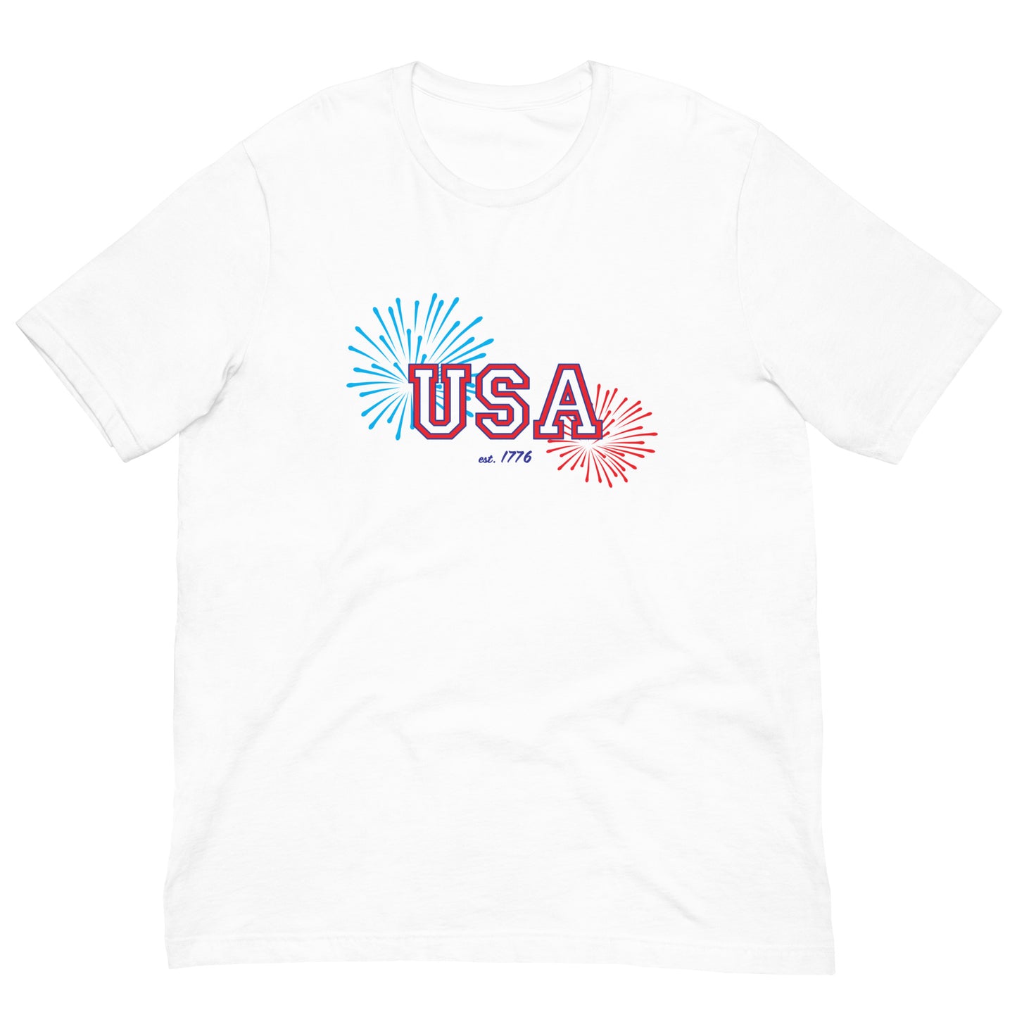 White t-shirt with “USA” text, a starburst design, and “est. 1776” printed on it.