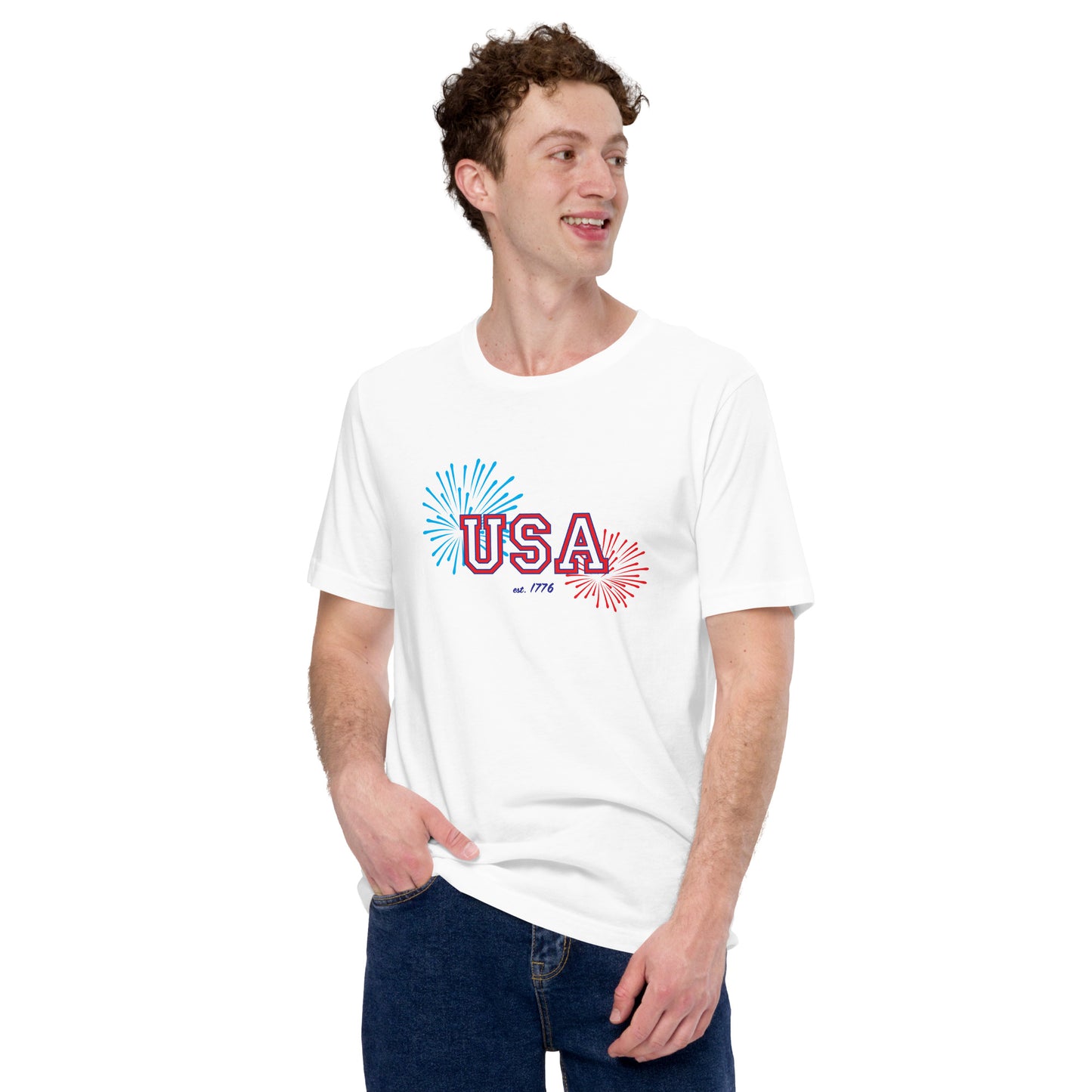 Man wearing a white t-shirt with “USA” text, a starburst design, and “est. 1776” printed on it.