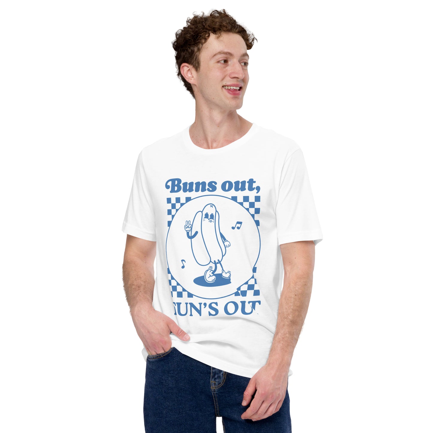 Man wearing a white t-shirt with a blue graphic of a cartoon hot dog and text that says “Buns out, FUN’S OUT.”