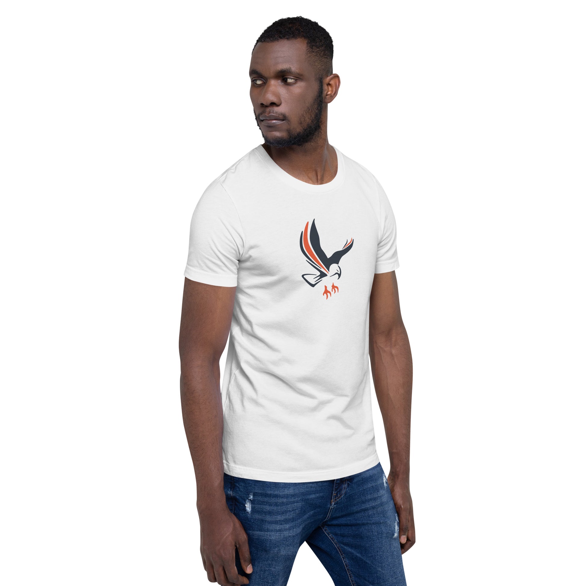 A man wearing a white t-shirt with an eagle on the front of it.
